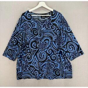 Maggie Barnes Women's Plus Sz 2X Blue Floral Prints w/ Sequins‎ Blouse Top